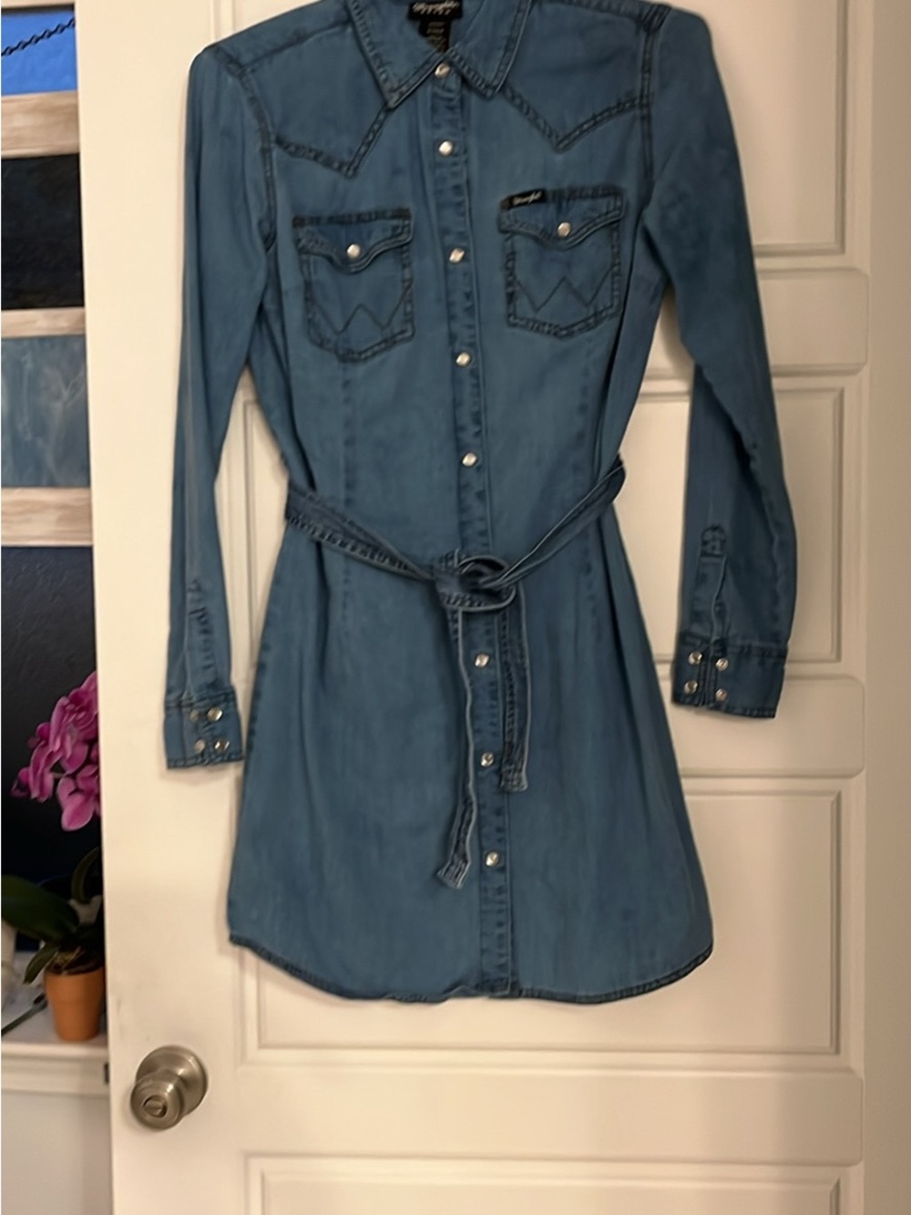 Wrangler Medium Blue Long-Sleeve Denim Shirt Dress with Waist Tie
